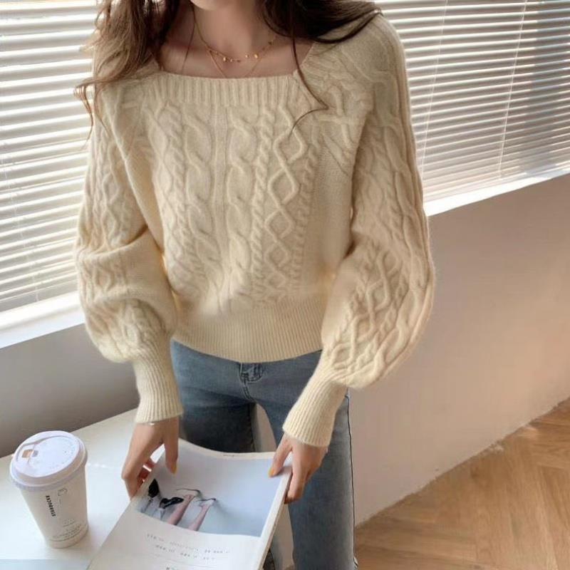 Gentle Wind Loose Outer Wear Square Neck Pullover Sweater Short Knit Top Women All-match Long-sleeved Temperament Short Sweater