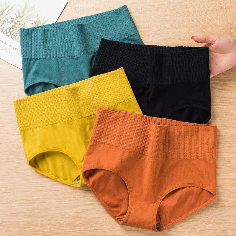 4PCS Women's Pure Cotton Crotch Antibacterial High-waist Panties for Students Sexy Breathable Belly-lifting Hips Plus Size Ladies Briefs Underwear