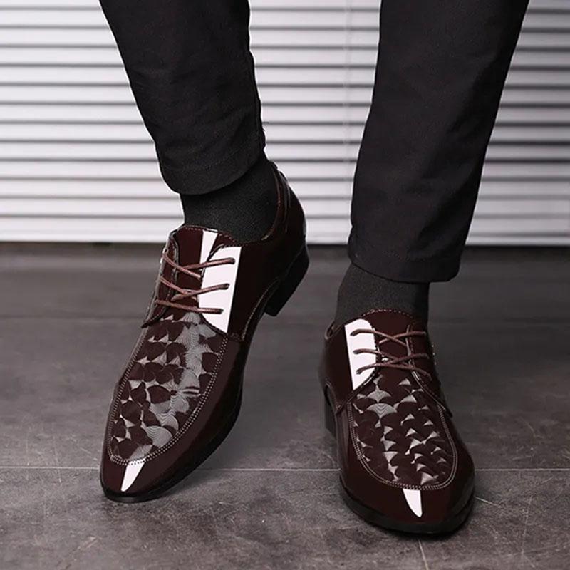 Men's Leather Shoes Business Casual Glossy Lacing Dress Leather Shoes Men's Moccasin Shoes Youth Formal Footwear Black Pointed Toe Wedding Shoes