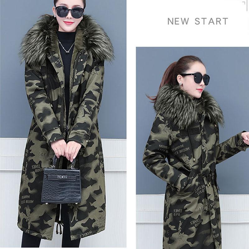 Female Camouflage Parka Coat  Winter Long Cotton-padded Jacket Flocking Hooded Cotton-padded Jacket Winter Print Overcoat