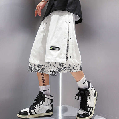 Breasted Shorts Male Hip-hop Cashew Flower Stitching Loose Tide Brand Trend Fake Two-piece Casual Five-point Pants