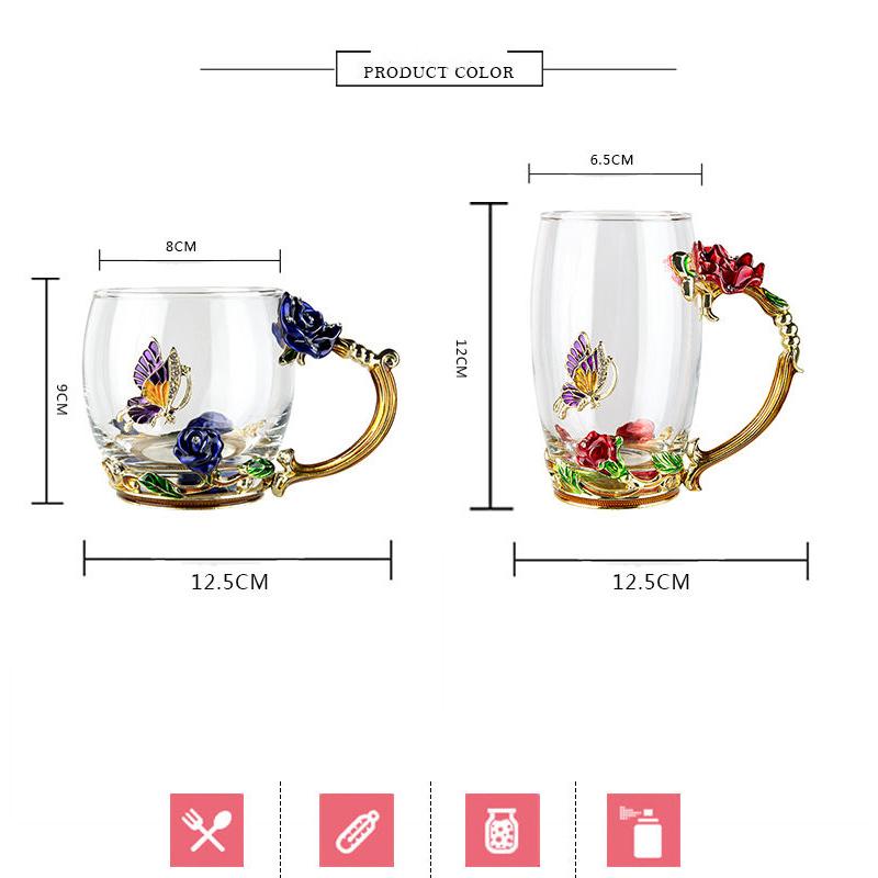 Exquisite 3D Coffee Tea Glass Enamel Cups Butterfly Rose Tea Cup Carved Flower Cup