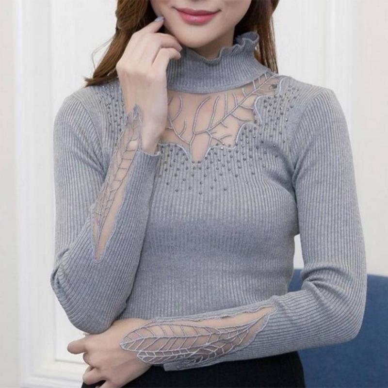 Pofulove Fashion Sexy Embroidered Rhinestone Lace Sweater Pullover Bottoming Shirt Hollow Sweater