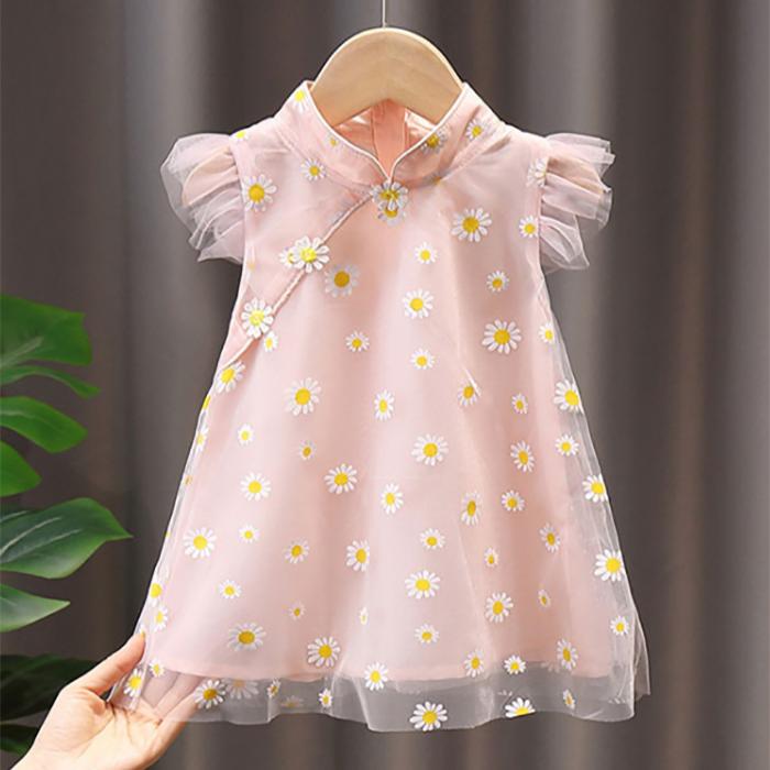 Girls' Skirt Summer Children's Princess Skirt Cheongsam Children's Mesh Ruffle Dress Ethnic Style Daisy Cheongsam Baby Girl Dress