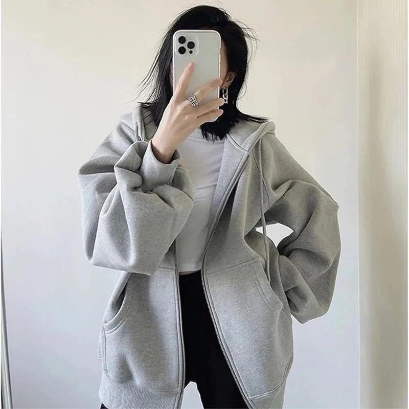 Spring and Autumn Women's Hooded Sweater Korean Style Loose Casual All-match Coat Top Ladies Cardigan Zipper Coat Hip-pop Jacket