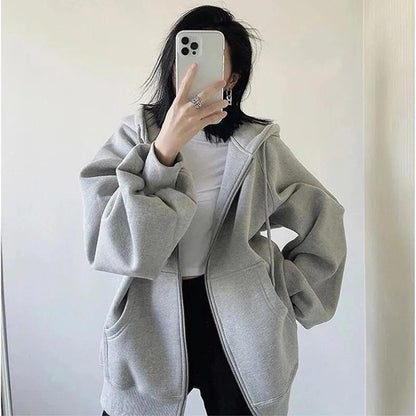 Spring and Autumn Women's Hooded Sweater Korean Style Loose Casual All-match Coat Top Ladies Cardigan Zipper Coat Hip-pop Jacket