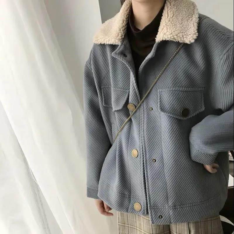 Retro Hong Kong-flavored Small Woolen Coat Female Autumn and Winter Lamb Fur Collar Thick Short Woolen Coat