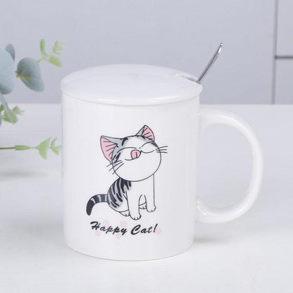 Cheese Cat Cup Male and Female Students Korean Cute Drinking Cup Ceramic Mug with Lid with Spoon Cartoon Private House Cat