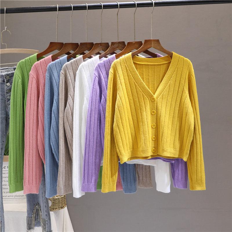 Autumn and Winter Short Style Loose Long-sleeved V-neck Sweater Knitted Cardigan Coat Shawl Solid Color Cropped Top Women