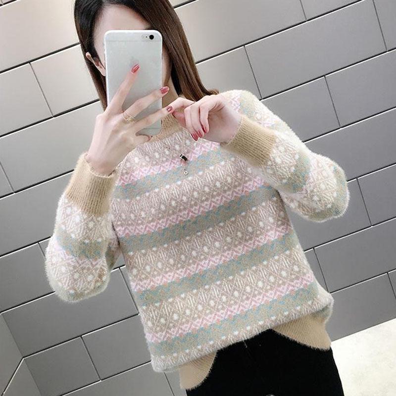 Color Thick Striped Sweater Autumn and Winter Loose Pullover Half High Neck Knitted Young Women's Top