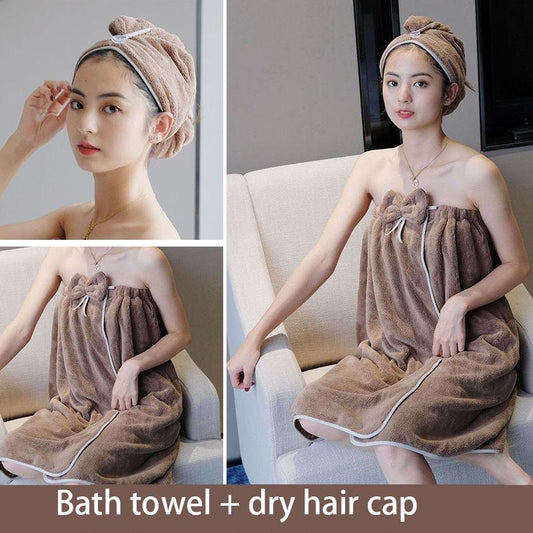 Bath Towel + Dry Hair Cap Two-piece Female Cotton Dry Hair Cap Absorbent and Non-linting Bath Skirt Can Wear Sexy Tube Top Bathrobe