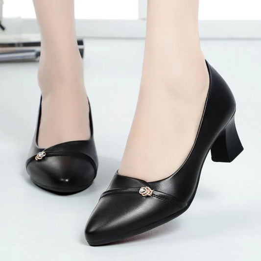 High Heels Single Shoes Women's Leather Shoes Spring and Summer Mid-heel Chunky Heels Casual Shoes Pointed Shoes