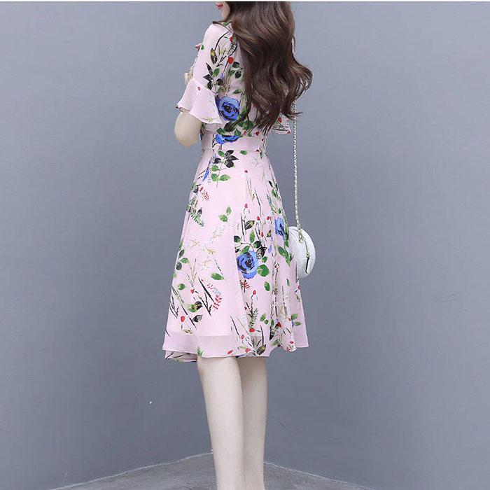 Pofulove S-2XL Women Summer High-end Floral Chiffon Dress Short-sleeved V-neck A-line Sun-dresses