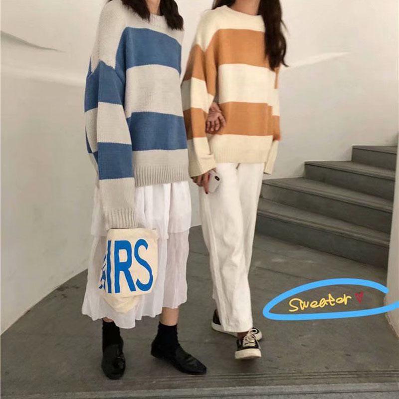 Autumn and Winter Striped Turtleneck Sweater for Female Students Korean Version of Loose and Lazy Lantern Sleeve Pullover Sweater Coat