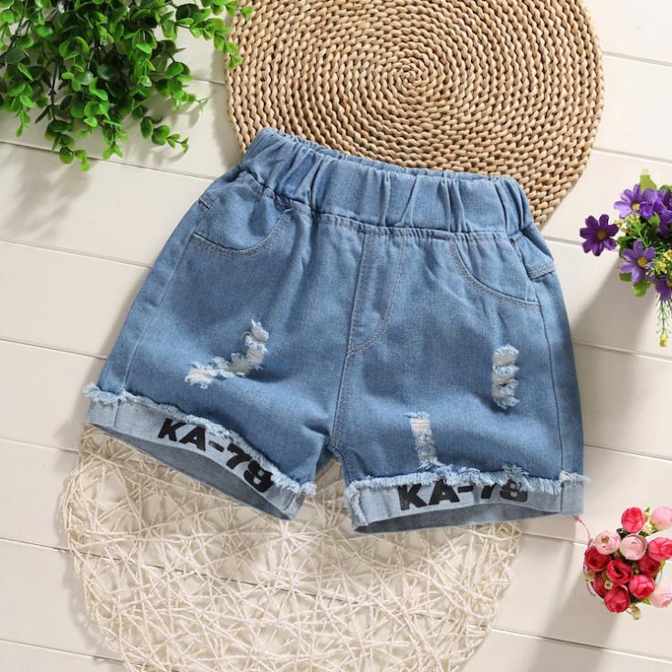 Summer Children's Tassel Pierced Girl and Boy Hole Denim Bow Shorts Korean Style Button Denim Pants