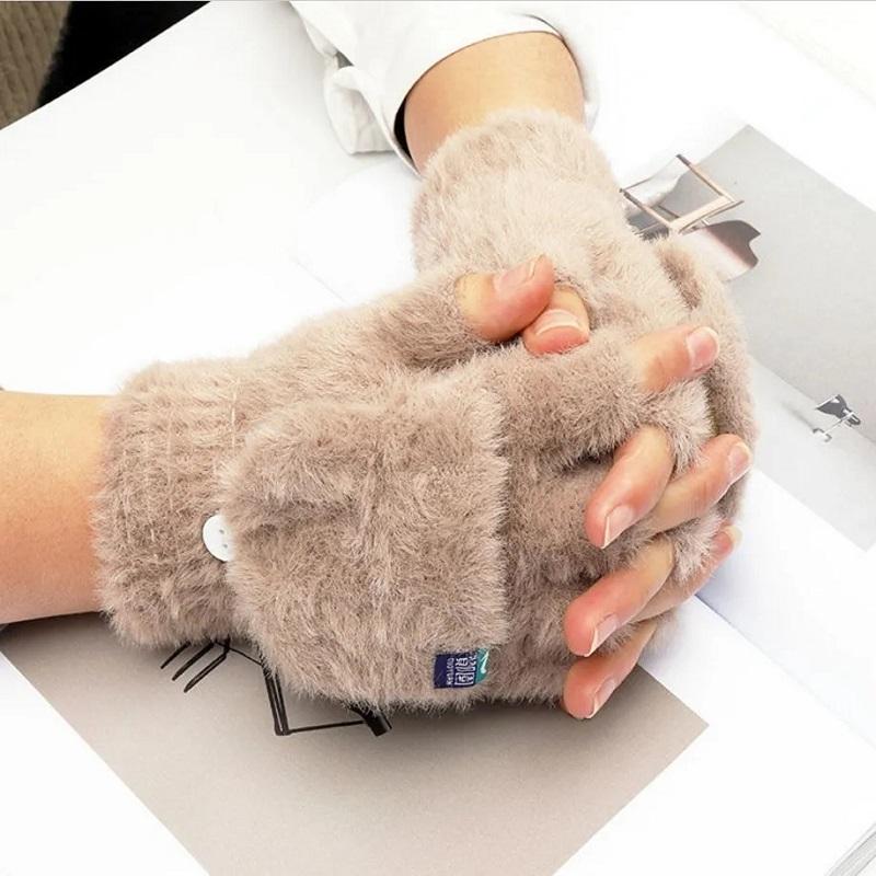 Women's Fall Winter Imitation Mink Fur Cycling Plush Gloves Fingerless Warm Mittens Thickened Flip Nylon Gloves Soft Comfortable Thermal Gloves