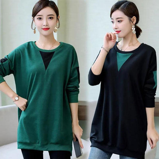 Big Size Women Cotton Tshirt Round Neck Loose Casual T-shirts Spring Fall Plus Size Splicing Tops Tee Pullover