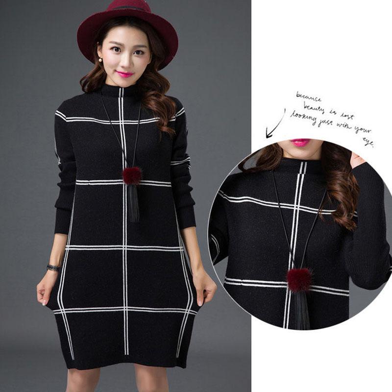 Autumn Winter Plaid Turtleneck Sweater Women Long Thick Pullover Sweater Dress All-match Bottoming Shirt Jumper Top