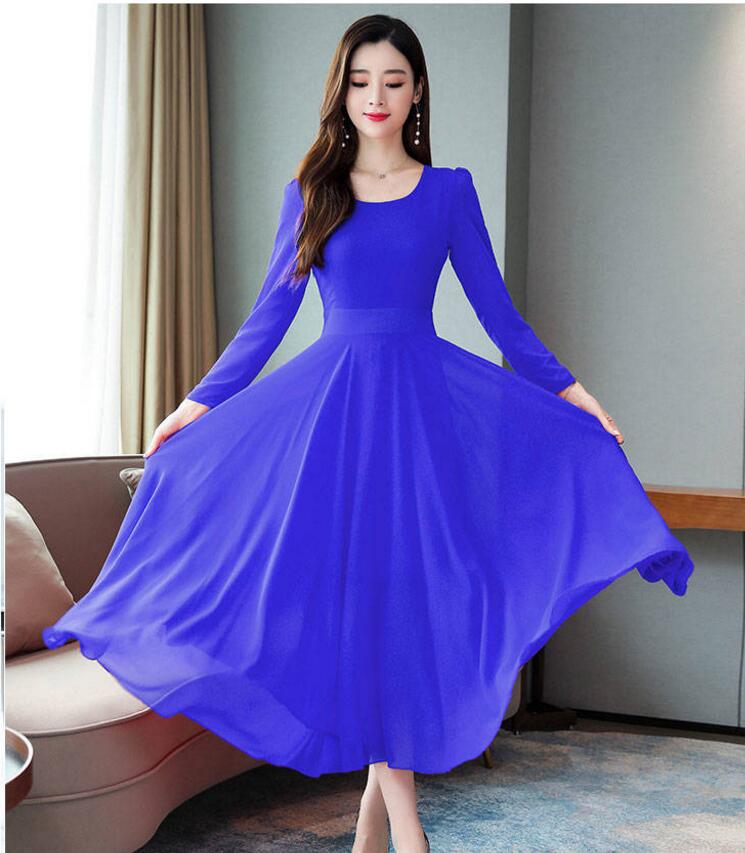 Chiffon large swing dress female long spring and autumn dress plus size long-sleeved slim skirt