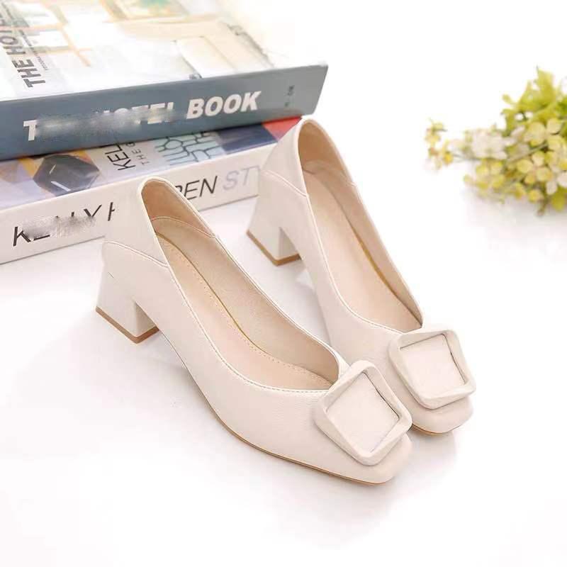 High-heeled Leather Single Shoes Women's Thick-heeled Square-toe Shallow Mouth Work Shoes Soft Leather Slip-on High-heeled Shoes