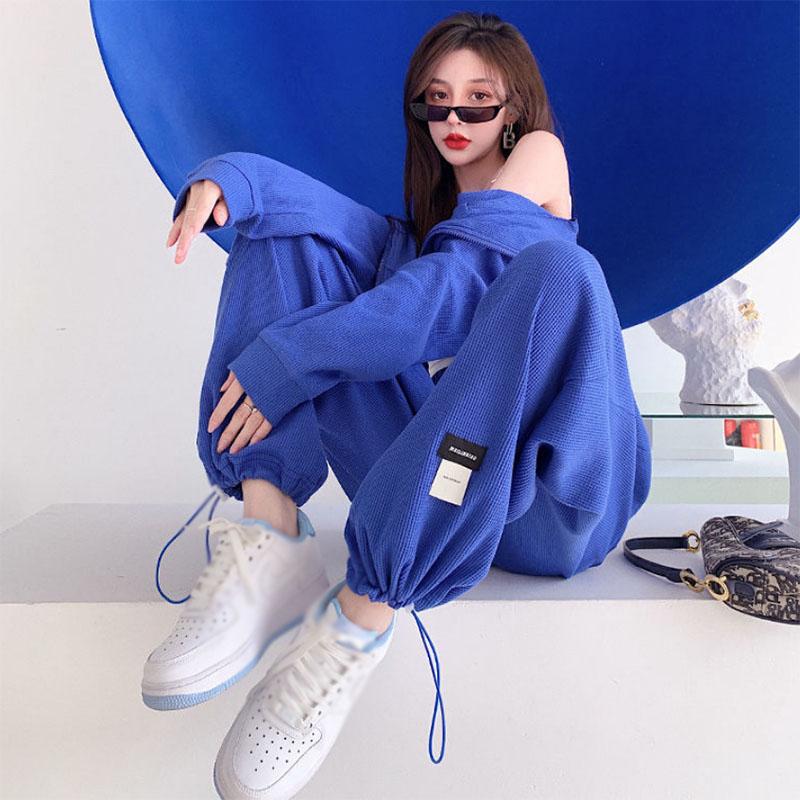 Sports Waffle Suit Women's Loose Casual High Waist  Blue Wide Leg Sweatpants Spring and Autumn Tide Two-piece Suit