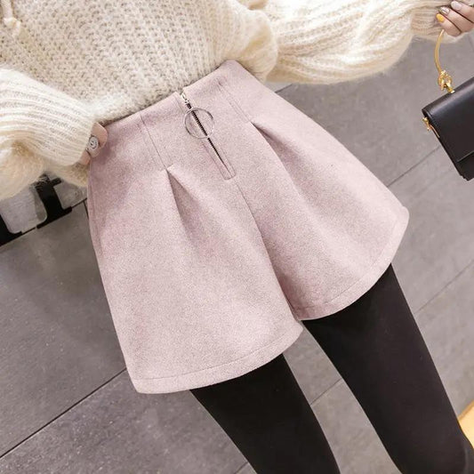 Autumn and Winter Shorts Women's Loose Large Size Elastic Waist Solid Color Base Woolen Wide-leg Pants Boots Pants Outer Wear Trend