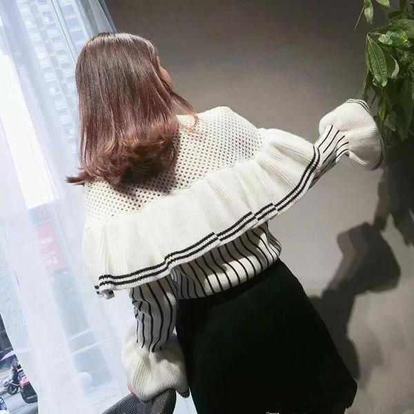 High-neck Hollow Ruffled Sweater Fashion Flared Sleeves Vertical Striped Top Casual Slim