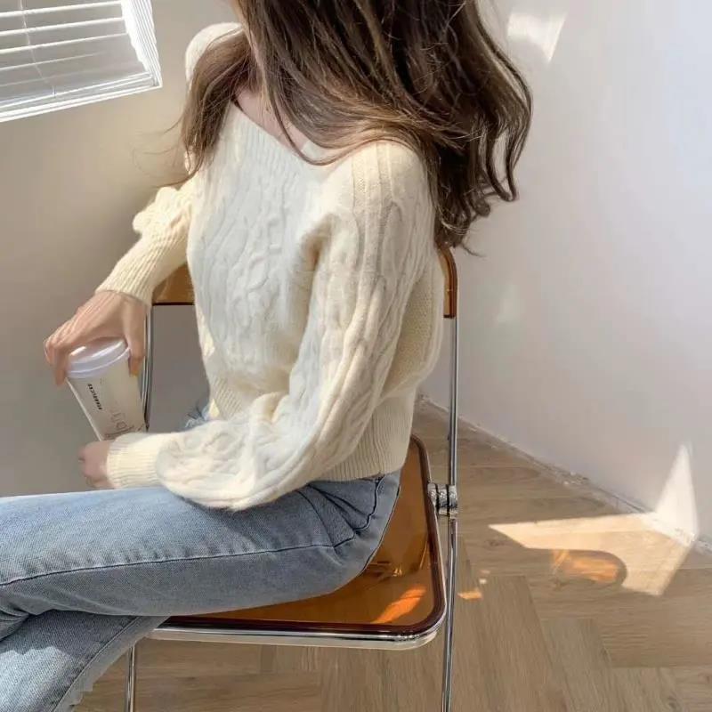 Gentle Wind Loose Outer Wear Square Neck Pullover Sweater Short Knit Top Women All-match Long-sleeved Temperament Short Sweater