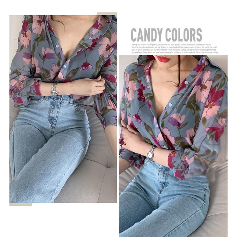 Fashion Women Shirt Floral Printed Blouses Chiffon Blouse Korea Tops Casual V-neck Long Sleeve Ladies Shirt