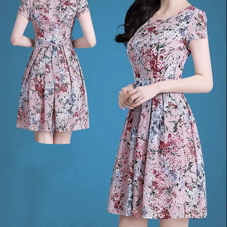 Women Summer Vintage High Waist Short Sleeve Holiday Dress Elegant Slim Mid-length Floral Print Pleated Casual Dress