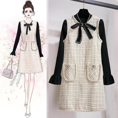 Woolen Vest Skirt Women's Autumn and Winter Small Fragrance Style Bottoming Dress Two-piece Suit Sweet Retro Style