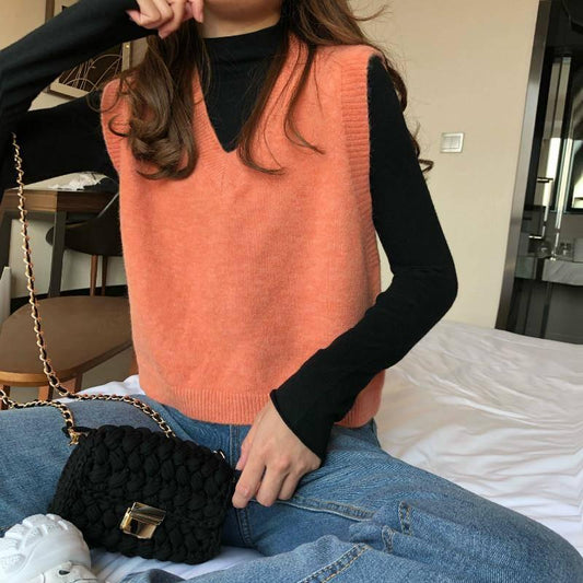 Autumn and Winter Sweaters Female Loose College Style Pullover Vest Knitted Vest Shirt