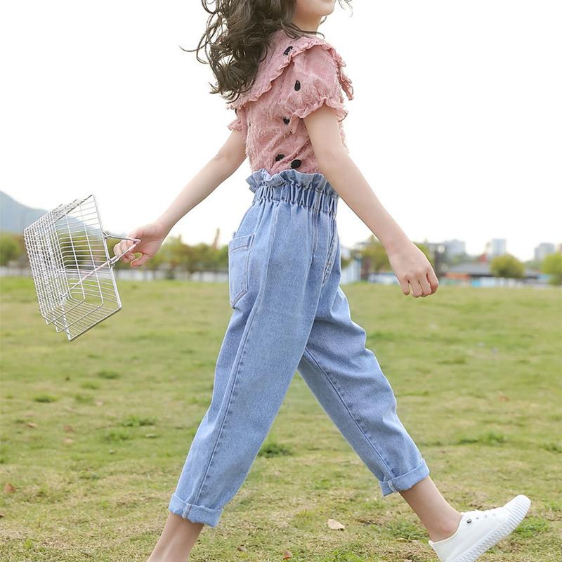 2PCS Children Clothing Set Spring Summer Girls Suits Wave Point Short Sleeve Tops + Denim Pants Clothing Set