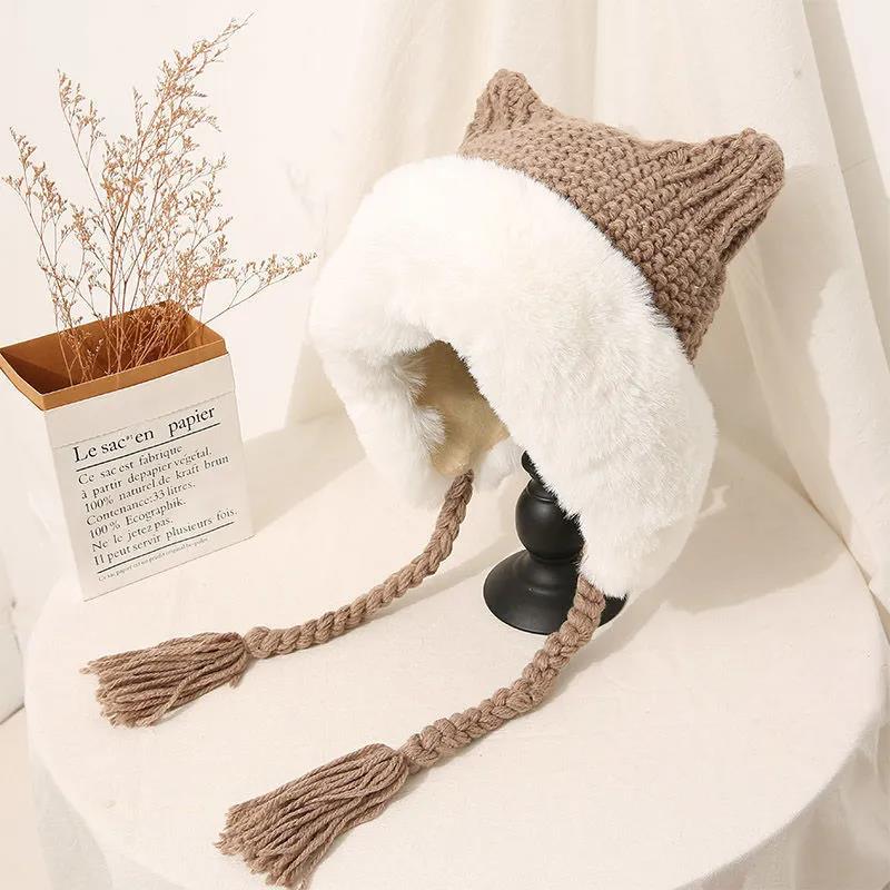 Winter Plush Knitted Hat Women's Cute Ear Thickened Woolen Hat Oversized Woolen Hat