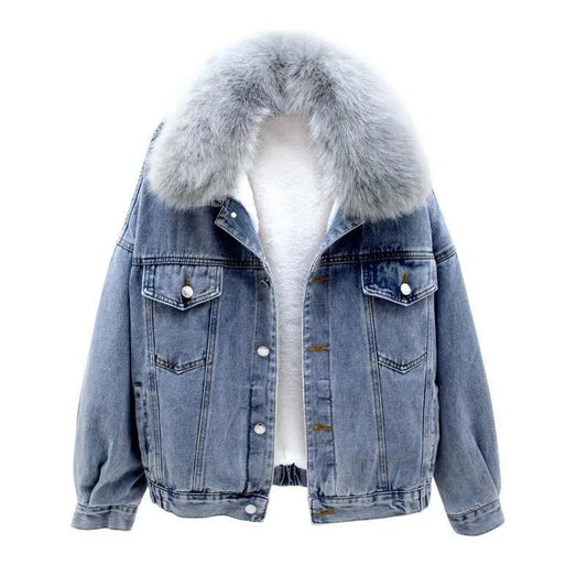 Winter Korean Short Denim Cotton Jacket Blue Grey Big Fur Collar Plus Velvet Thickening Warm Cotton Jacket