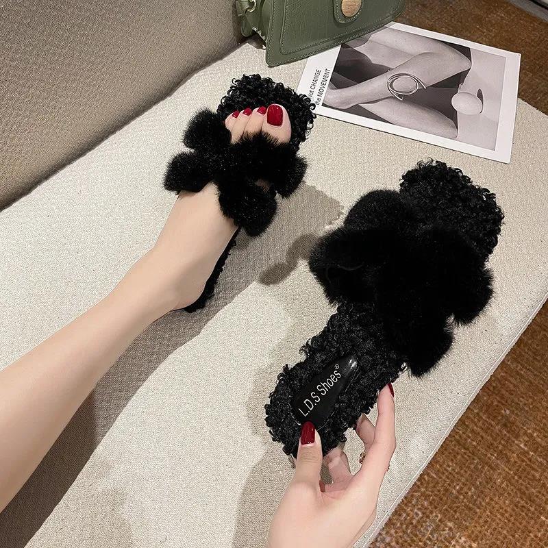 Ladies Cotton Slippers Plush Slippers Fall Winter Fashion Outer Wear All-match Flat Flat Shoes