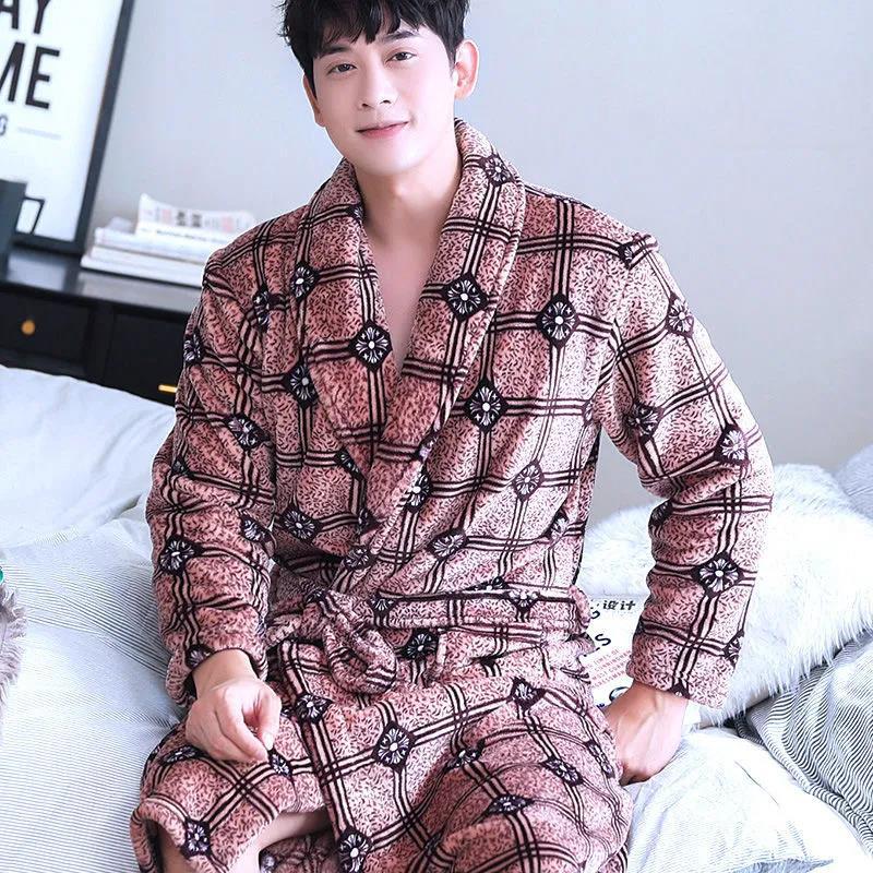 Men Large Size Home Clothes Pajamas G Chain Print Robe Coat Absorbent and Quick-drying Bathrobe Long