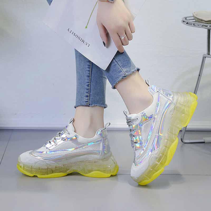 Plus Size 35-39 Summer Women Mesh Sneakers Students Breathable Running Basketball Shoes Shockproof Non-slip Laser Colorful Heighten Shoes