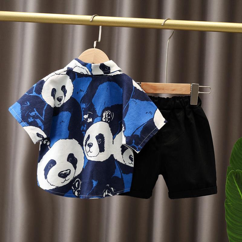 2PCS Children Clothing Set Spring Summer Boy's Printed Panda Shirt Shorts Single Breasted Thin Suits