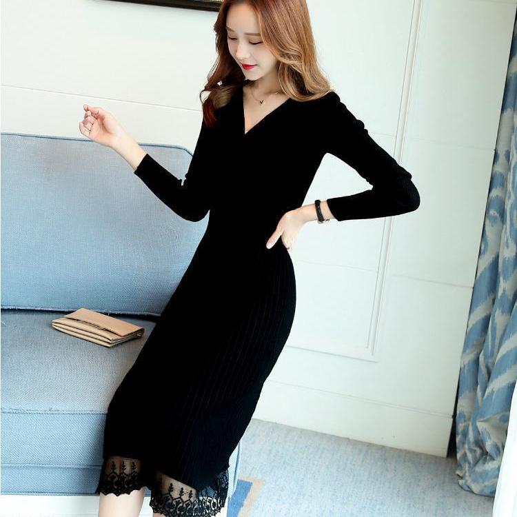 Fashion Padded V-neck Ladies Dress Mid-length Over-the-knee Bag Hip Skirt Bottoming Knit Sweater Skirt