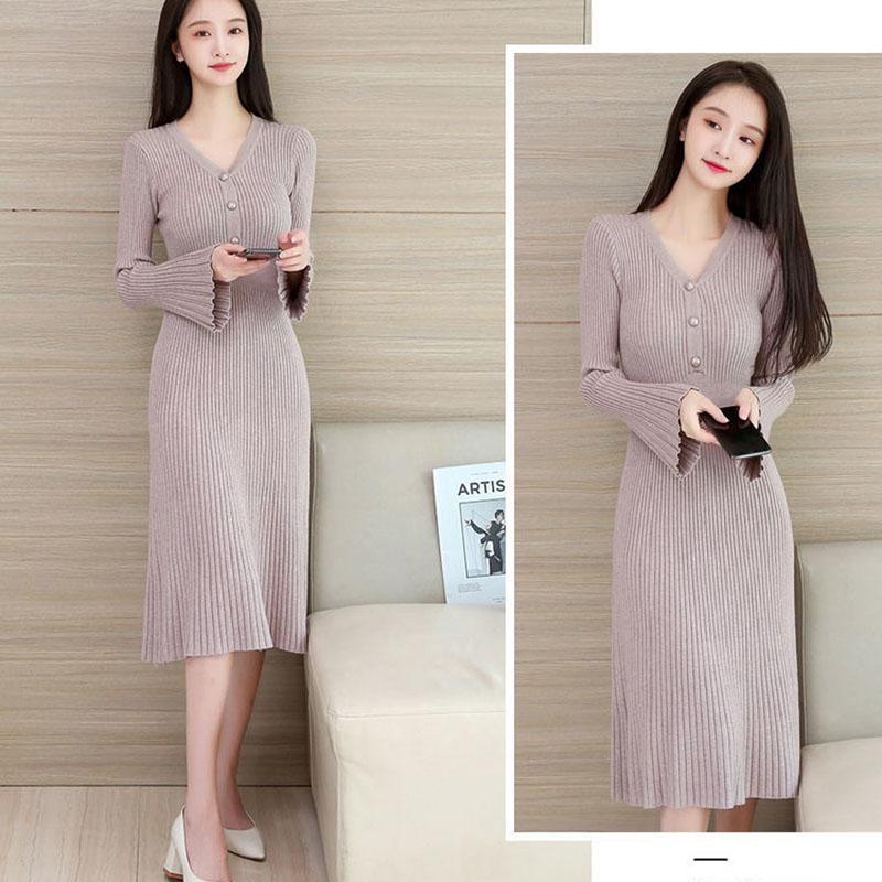 Autumn and Winter V-neck Knitted Dress Thick Flared Sleeve Tight-fitting Base Dress Mid-length Over The Knee Women's Sweater Dress