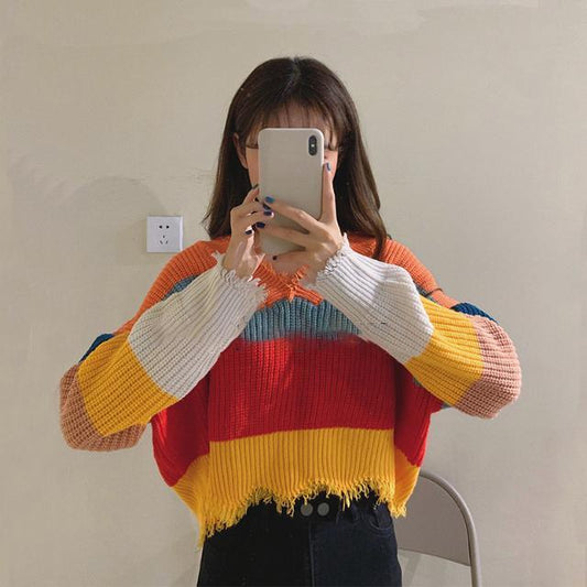 Loose College Style Knitwear for Women Early Autumn Rainbow Stripe Splicing Color Sweater Fringed Short Blouse