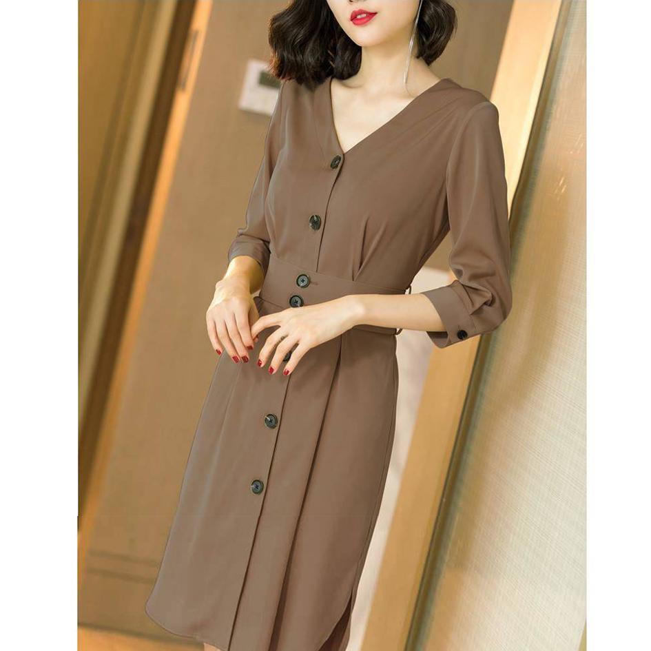 Shirt Dress Women Elegant Button Sash Belt Office Ladies Dresses Summer Ladies Khaki Work Dress