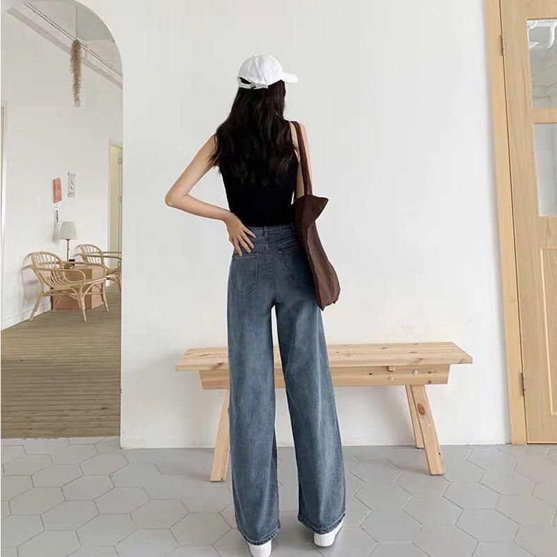 WTEMPO High Waist Women Jeans Loose Casual Great Elasticity Washed Denim Straight-leg Pants Super Long