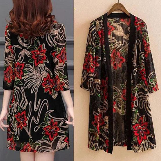 M-5XL Women's Spring and Summer Plus Size Lace Cardigan Female Printed Mid-length Shawl Slim Hollow-carved Design Thin Coat