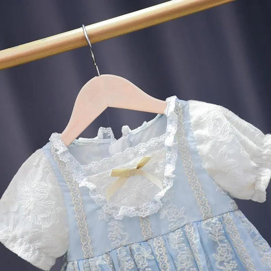 Girls Dress Summer Baby Lolita Puff Skirt Chiffon Puff Sleeve Summer Princess Dress Embroidered Sweet Blue Vintage French Dress