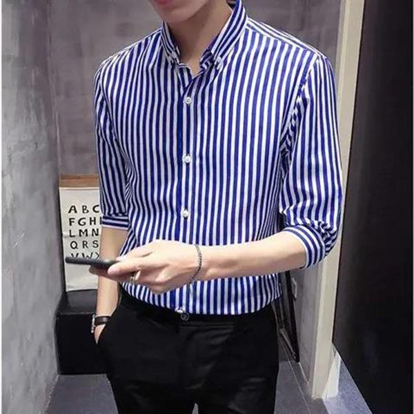 Men's Spring and Summer Striped Long-sleeved Shirt Black and White Plaid Shirt Casual Trend Bottoming Shirt