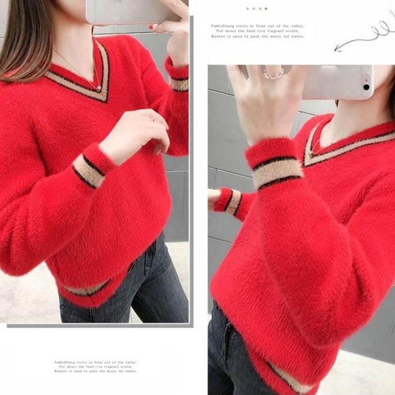 Autumn and Winter Mohair Loose Top V-neck Short Knitted Sweater Fashion Simple Women's Bottoming Shirt