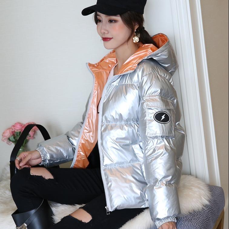 Women's Short Padded Coat Silver Shiny Thick Padded Coat Loose Bread Tooling Thin Cotton Coat