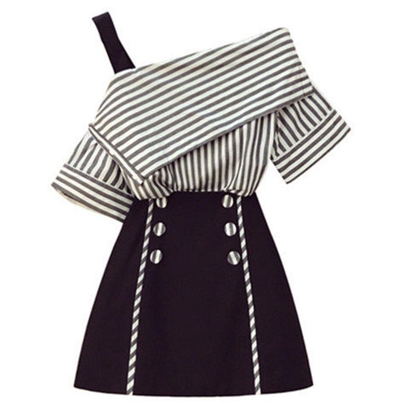 Summer Skirt Set Women Strap Off-Shoulder Striped Shirt Short Skirt Two-piece Set Fashion